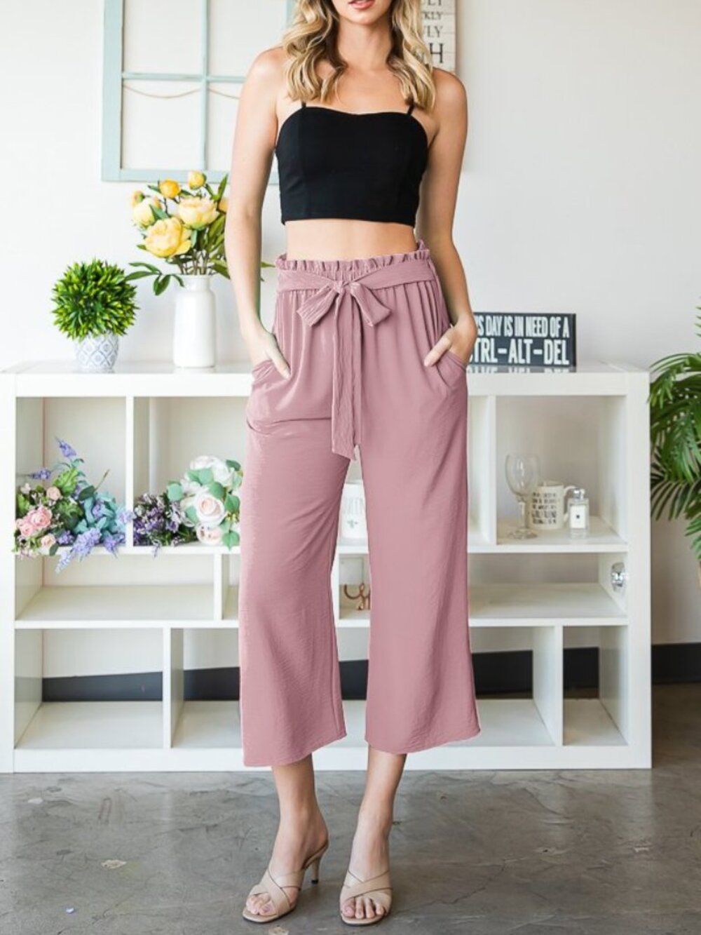 B81 PAPERBAG WAISTBAND SOLID WOVEN CULOTTES PANTS ROSE PLUS SIZE NEW